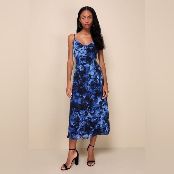 Lulus Dresses & Skirts - NWT Lulus Beautiful Persona Blue Floral Chiffon Cowl A-Line Midi Dress Small